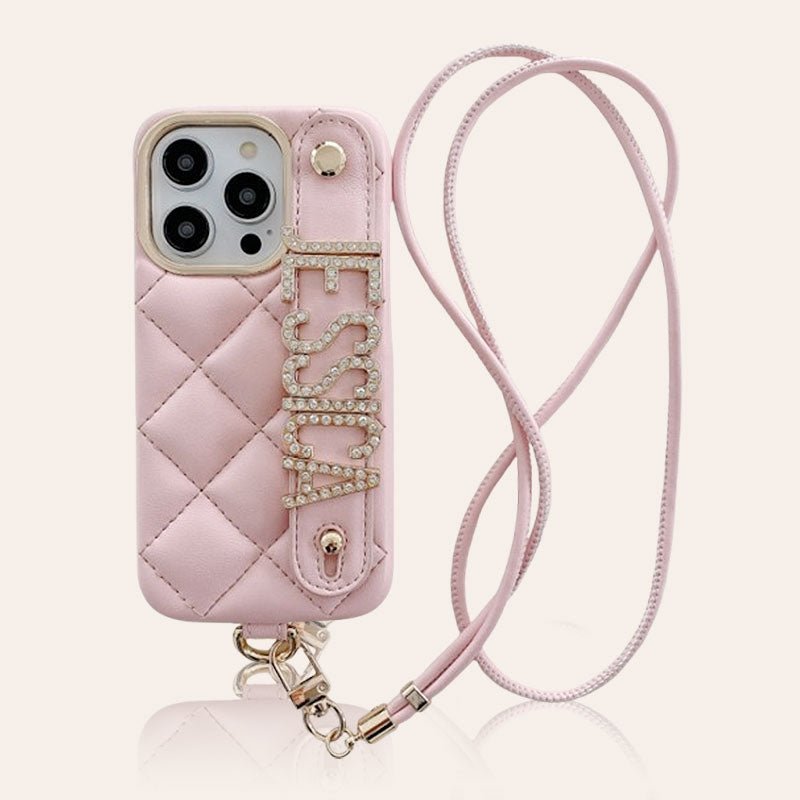 For iPhone - Personalized Letter Rhombus Bread Leather Lanyard Phone Case - Canvasgiftco