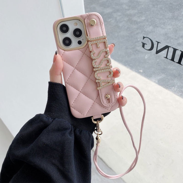 For iPhone - Personalized Letter Rhombus Bread Leather Lanyard Phone Case - Canvasgiftco