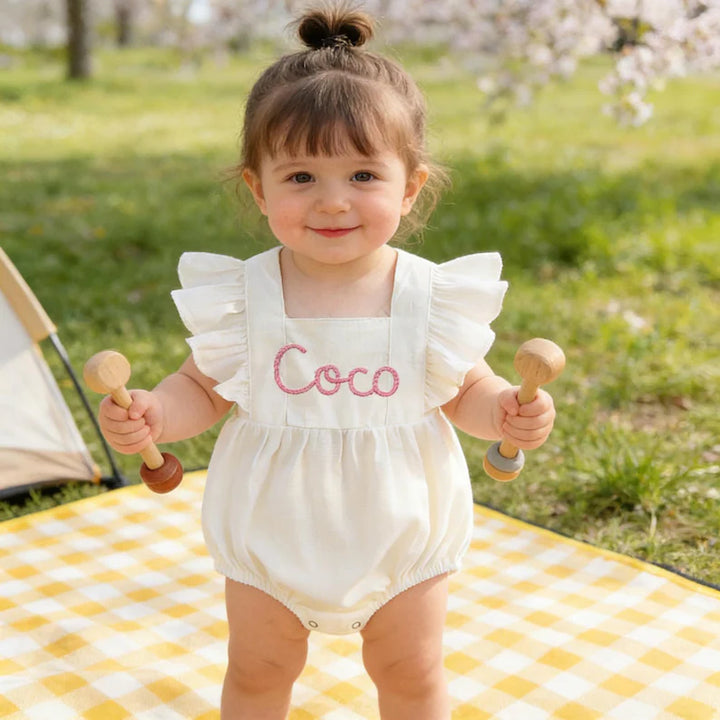 Personalized Embroidered Baby Romper – Custom Name Linen Outfit for Baby Girls
