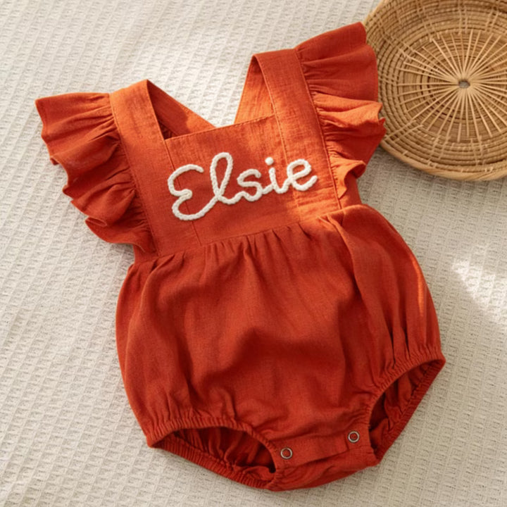 Personalized Embroidered Baby Romper – Custom Name Linen Outfit for Baby Girls