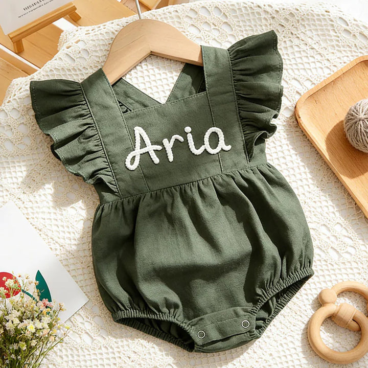 Personalized Embroidered Baby Romper – Custom Name Linen Outfit for Baby Girls