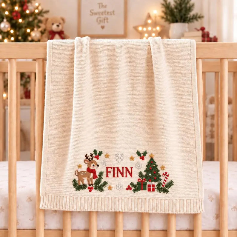 Personalized Baby Christmas Blanket – Custom Name Cotton Knit with Reindeer & Christmas Tree