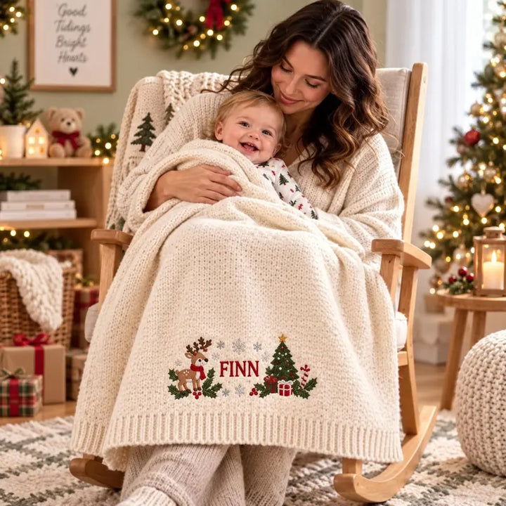 Personalized Baby Christmas Blanket – Custom Name Cotton Knit with Reindeer & Christmas Tree