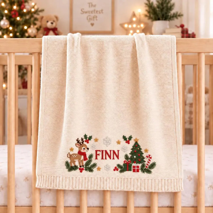 Personalized Baby Christmas Blanket – Custom Name Cotton Knit with Reindeer & Christmas Tree