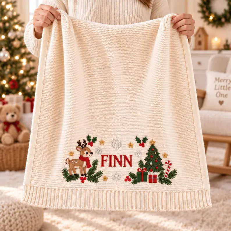 Personalized Baby Christmas Blanket – Custom Name Cotton Knit with Reindeer & Christmas Tree