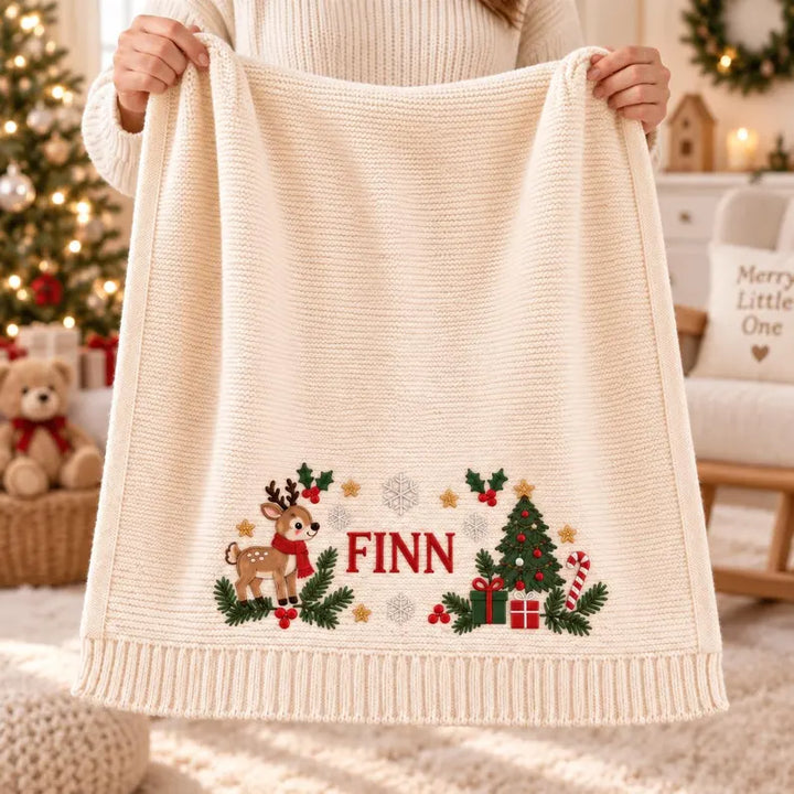 Personalized Baby Christmas Blanket – Custom Name Cotton Knit with Reindeer & Christmas Tree