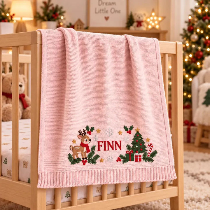 Personalized Baby Christmas Blanket – Custom Name Cotton Knit with Reindeer & Christmas Tree