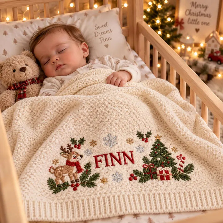 Personalized Baby Christmas Blanket – Custom Name Cotton Knit with Reindeer & Christmas Tree