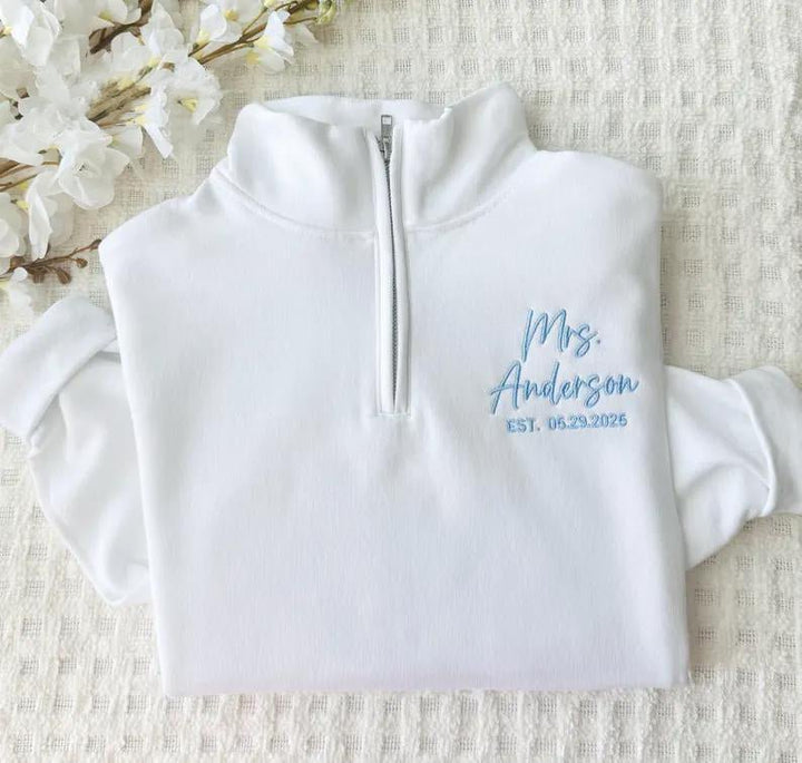 "Mrs. to Be" Personalized Quarter - Zip Bridal Sweatshirt - Canvasgiftco