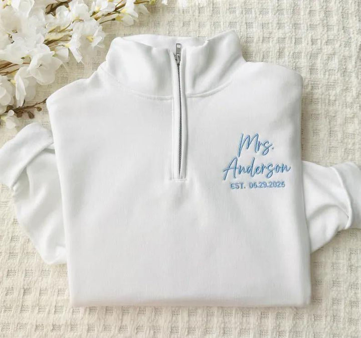 "Mrs. to Be" Personalized Quarter - Zip Bridal Sweatshirt - Canvasgiftco
