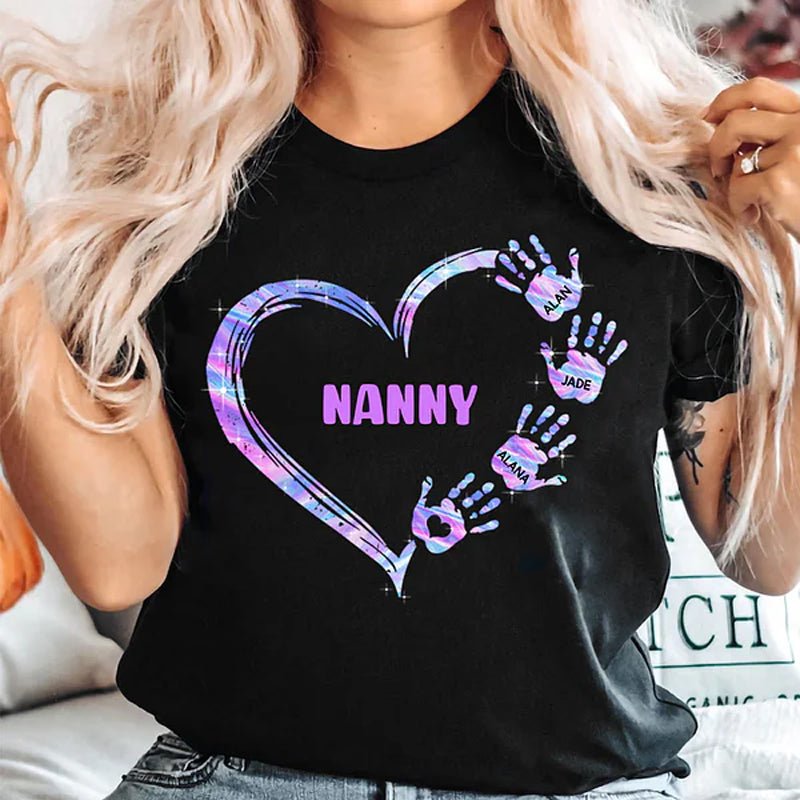 Personalized Colorful Heart Hand Print 100% Cotton T-Shirt Hoodie with Title and Kid Names - Canvasgiftco