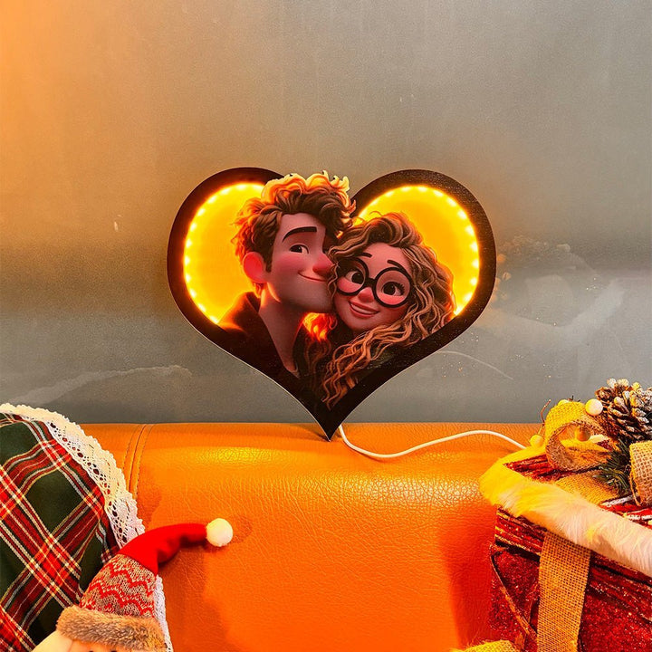 Personalized Heart Photo Cartoon Portrait Frame with LED - Canvasgiftco