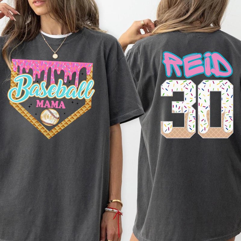 Personalized Ice Cream - Themed Sports Mom T-Shirt with Name & Number – Custom Baseball Mama Shirt - Canvasgiftco