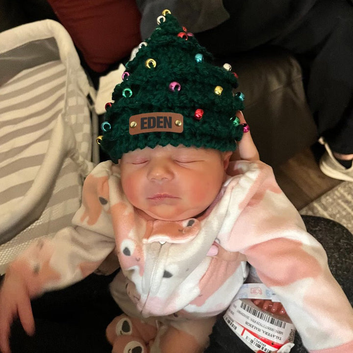 Personalized Leather Patch Christmas Tree Crochet Hat - Canvasgiftco