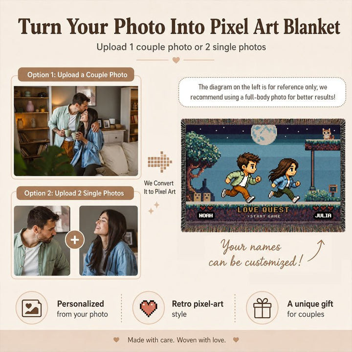 Personalized Pixel Love Quest Blanket – Turn Your Photo Into A Retro Game Adventure - Canvasgiftco