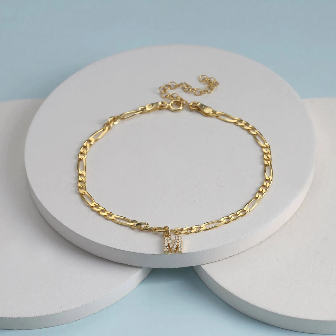 Personalized Sparkle Initial Anklet with Adjustable Figaro Chain & Crystal Initials - Canvasgiftco
