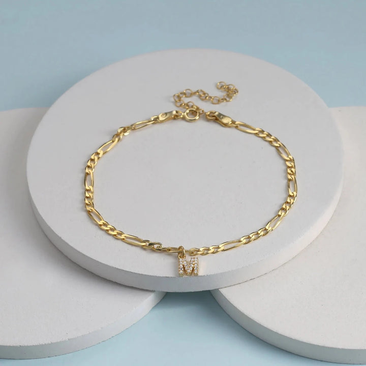 Personalized Sparkle Initial Anklet with Adjustable Figaro Chain & Crystal Initials - Canvasgiftco