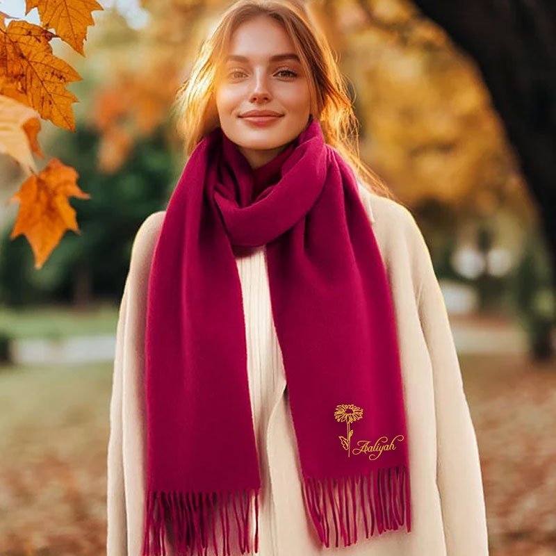 Personalized Ultra - Soft Warm Scarf with Birth Flower and Custom Text - Canvasgiftco
