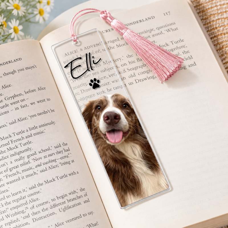Personalised clear acrylic bookmark with Elli pet portrait and pink tassel