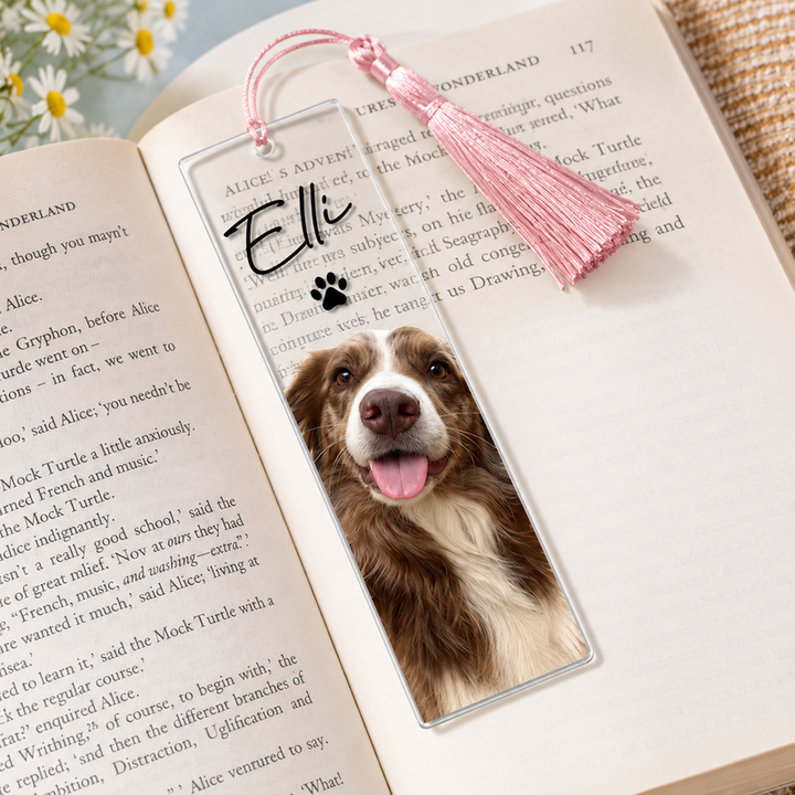 Personalised clear acrylic bookmark with Elli pet portrait and pink tassel