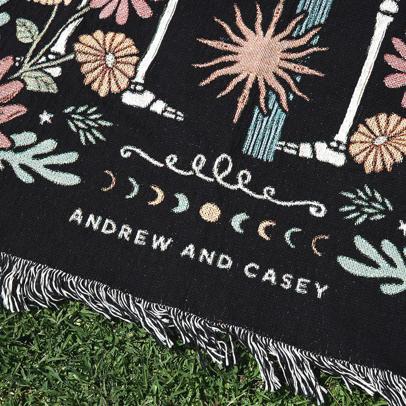 Personalized Gothic Skeleton Couple Woven Blanket – Custom Zodiac & Names Blanket
