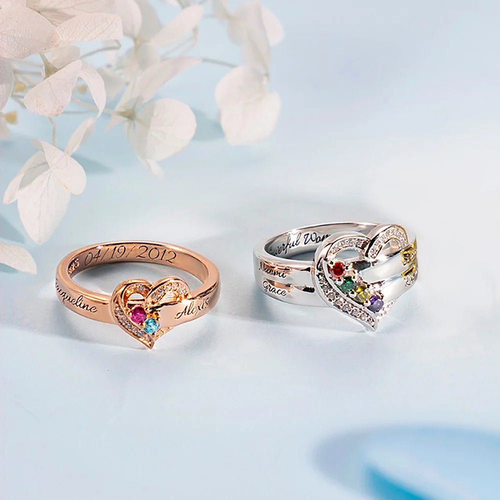 Where Hearts Meet, Love Gleams In Every Stone - Personalized 1 - 8 Birthstones Heart Family Ring - Canvasgiftco