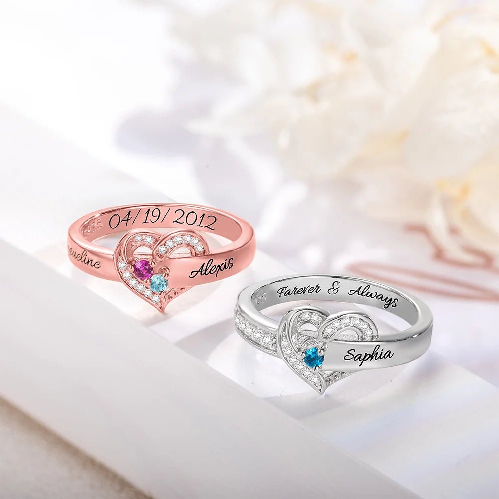 Where Hearts Meet, Love Gleams In Every Stone - Personalized 1 - 8 Birthstones Heart Family Ring - Canvasgiftco
