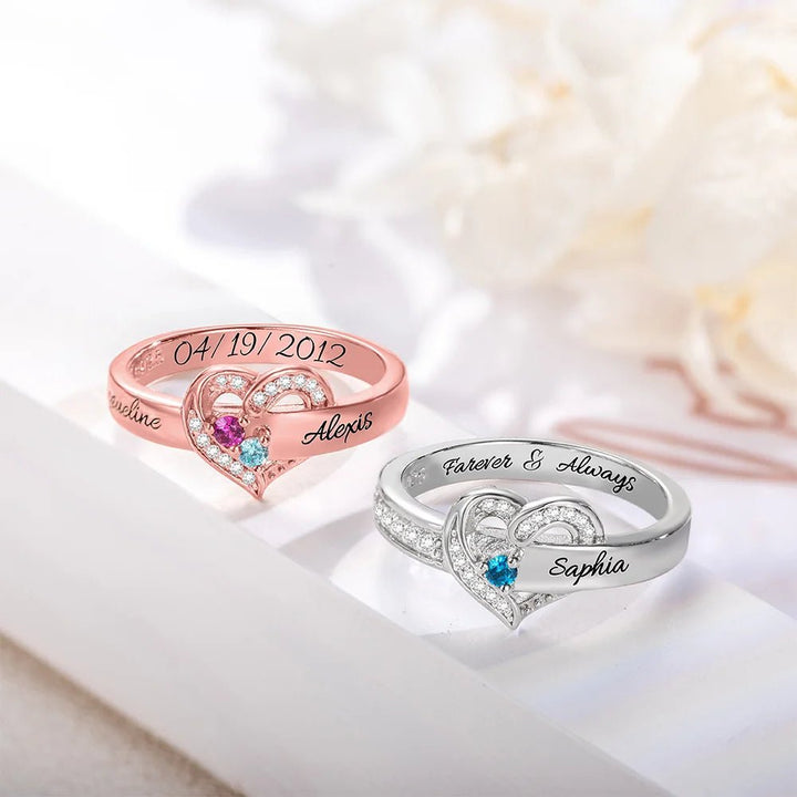 Where Hearts Meet, Love Gleams In Every Stone - Personalized 1 - 8 Birthstones Heart Family Ring - Canvasgiftco