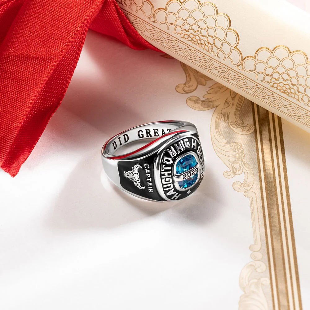 Your Grad Story, Stuck in Stone - Custom Birthstone Class Ring Engraved School Name - Gift for High School/University Graduates - Canvasgiftco